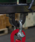 Close-up of chain hook and lifting ring on Clamp On Tractor Bucket Hitch Receiver Adapter With Chain Hook And Lifting Ring For Front Bucket Lips Two Inch Receiver 1100 Lb Towing Capacity Easy Slide On Clamp On Design