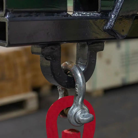 Close-up of chain hook and lifting ring on Clamp On Tractor Bucket Hitch Receiver Adapter With Chain Hook And Lifting Ring For Front Bucket Lips Two Inch Receiver 1100 Lb Towing Capacity Easy Slide On Clamp On Design