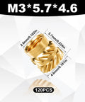 120 Pcs 3D Printing Brass Heat Set Inserts Knurled M3x5.7x4.6Mm For Secure Embedding In Plastic Parts Laptops Automotive Shells And DIY Projects With Strong Grip And Heat Resistant Performance, showing one in close-up view with dimensions.