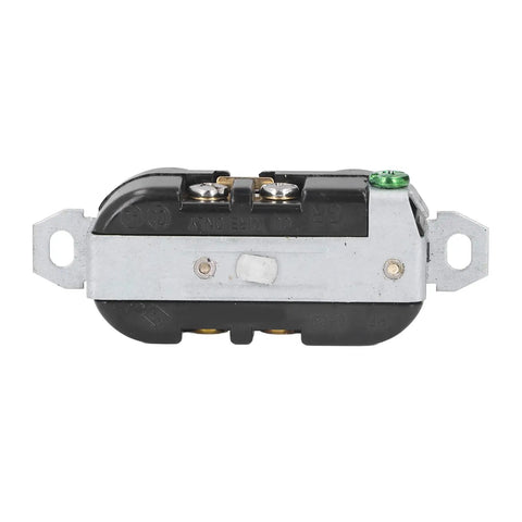 Heavy Duty Industrial Duplex Power Outlet 20 Amp 125 Volt Double Wall Socket For Stove Dryer Generator Tough As Nails Brass Conductors Workhorse Grade PA66 Nylon Shell viewed from the front with terminals.