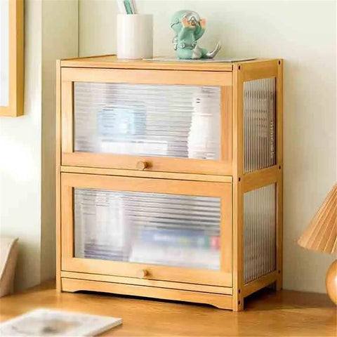 2 Tier Desktop Bookshelf With Transparent Flip Up Door Space Saving Storage Rack featuring bamboo frame and clear panels.