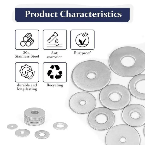 304 Stainless Steel Flat Washer Kit 290 Pc Assorted Set 15 Sizes From M3 To M8 Rustproof For Indoor Outdoor Projects General Fastening And Assembly For Home And Workshop, assorted washers