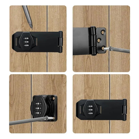 Rugged Three Digit Cabinet Lock With Mechanical Dial Cam being installed on a wooden cabinet using screws.