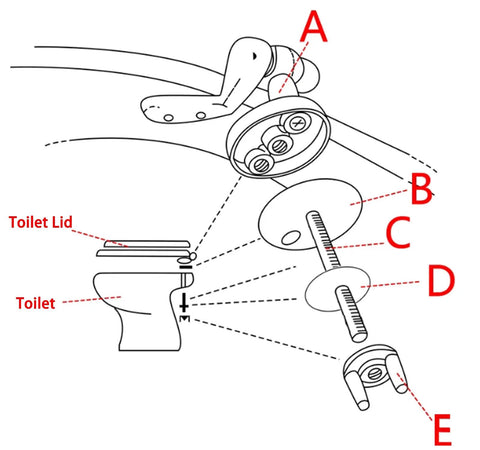 Diagram showing installation parts for Premium Solid Wood Beech Elongated Toilet Seat With Rock Solid Stainless Steel Hinges.