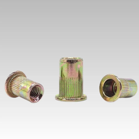 100 Piece Carbon Steel Rivet Nuts Blind Insert Set With Flat Heads And Knurled Grip For 3/4 To 12mm Thick Sheet Metal Fastening Projects in metallic gold.