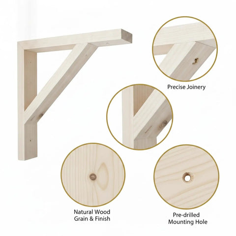 Solid Wood Shelf Bracket For Floating Shelves, Heavy Duty Triangular Wall Mount Support with natural wood finish and pre-drilled holes