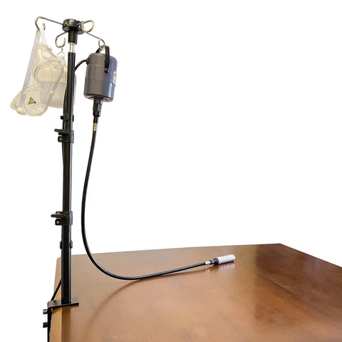 Rock Solid Rotary Tool Stand With Adjustable Height Table Clamp And Flexible Shaft Hook Rack For Dremel Foredom Shops showing height adjustability and attached tools.