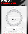 Product dimensions of Pro Level 16 Inch Electric Concrete Ring Saw showing 16-inch blade size and 0.98-inch core depth.