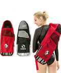 Scuba Backpack For Snorkeling Gear With Shoulder Strap Durable Beach Travel Deluxe Bag For Mask Snorkel And Fins Keeps Wet Gear Organized And Ready Lightweight Water Resistant Design Red, shown on person.