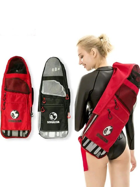 Scuba Backpack For Snorkeling Gear With Shoulder Strap Durable Beach Travel Deluxe Bag For Mask Snorkel And Fins Keeps Wet Gear Organized And Ready Lightweight Water Resistant Design Red, shown on person.