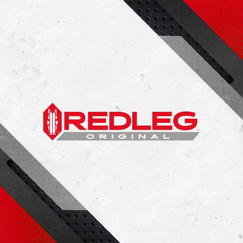 Redleg Original logo with geometric design on red, gray, and white background