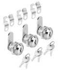 Heavy Duty Zinc Alloy Cam Cabinet Locks 5 8 Inch Throw 3 Pack Keyed Alike Solid Silver Finish with keys and mounting hardware.
