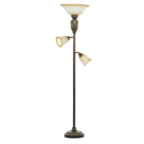 Three Light Torchiere Floor Lamp With Two Movable Glass Shades Antique Metal Finish In Brown Vintage Style Living Room Lighting