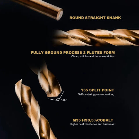 Pro Grade Cobalt Drill Bit Set Thirteen Piece M35 HSS Twist Bits for Hardened Metal with 135 Degree Split Point features