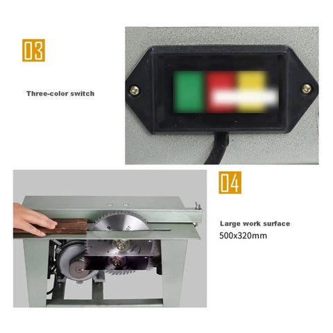 Featherweight Mini Table Saw For Woodworking With Sturdy Metal Base And Killer 3800 Rpm Action Portable Diy Panel Cutters For Clean Lines and control panel featuring three-color switch and large work surface.