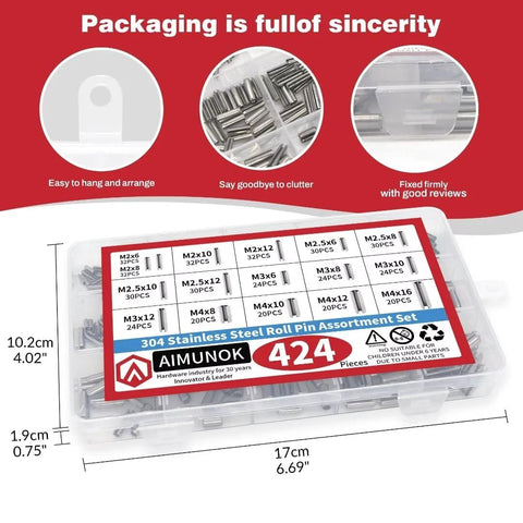 Stainless Steel Roll Pin Kit With 424 Pieces For Machinery, Automotive And DIY Repairs, Includes Spring Dowels, Slotted And Split Pins From M1.5 To M6, 14 Types, Made Of Durable 304 Stainless Steel For Corrosion Resistant Fasteners in labeled storage case.