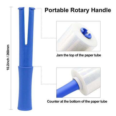 Blue portable rotary handle for Mini Clear Stretch Wrap Film 5 Inch By 1000 Feet 4 Pack With Easy Grip Handle 80 Gauge Heavy Duty