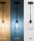 Black Seeded Glass Mini Pendant Light Adjustable Pendant Fixtures With Handblown Seeded Glass Shade shown in warm, cool, and off modes
