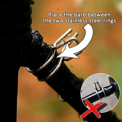 Leak-Proof Easy Install One Quarter Inch Irrigation Hose Clamps Set Made From Durable 304 Stainless Steel Keeps Drip Lines From Leaking Under High Water Pressure Fits Four Millimeter And Seven Millimeter Hoses 100 Pack installed on hose with barb positioning guide.