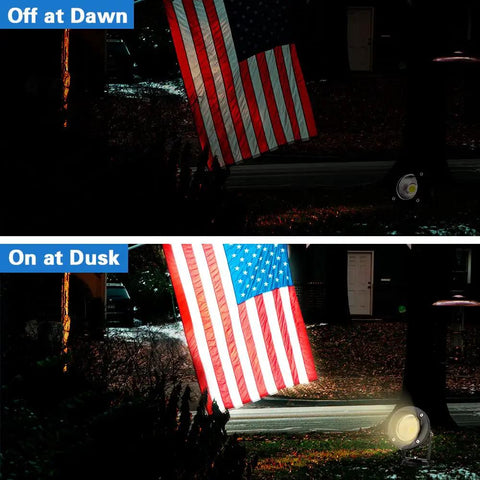 20W Led Outdoor Landscape Spotlight Kit With Stake Waterproof 12V To 24V AC DC Low Voltage Garden Lighting For Trees And Flags Ultra Warm 3000K 4 Pack illuminating an American flag at dusk