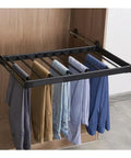 Up Your Game With This Badass Drawer Slide Out Pant Rack Designed For Jeans Ties Scarves And Shawls sleek black organizer holding trousers.