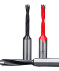 AVIMYA two-flute woodworking drill bits set; 3 pcs with black and red shanks and silver bodies