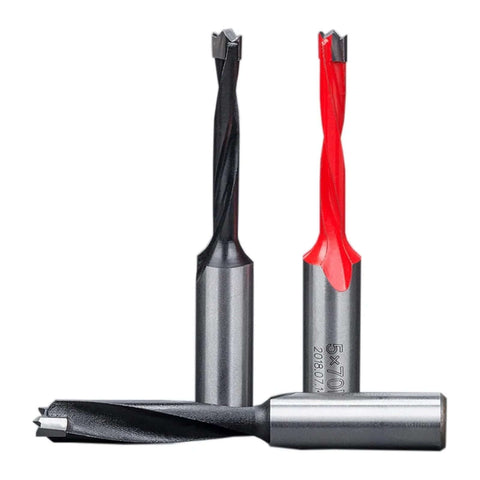 AVIMYA two-flute woodworking drill bits set; 3 pcs with black and red shanks and silver bodies