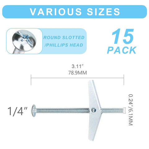 Image of 15 Pcs One Quarter Inch Heavy Duty Drywall Anchors And Screws Toggle Bolts Wing Nuts Hollow Wall Anchors Assortment Kit for hanging