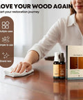 Easy Wood Repair Kit For Floors And Furniture Instant Scratch Remover displayed on table with hand using cloth