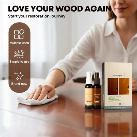 Easy Wood Repair Kit For Floors And Furniture Instant Scratch Remover displayed on table with hand using cloth
