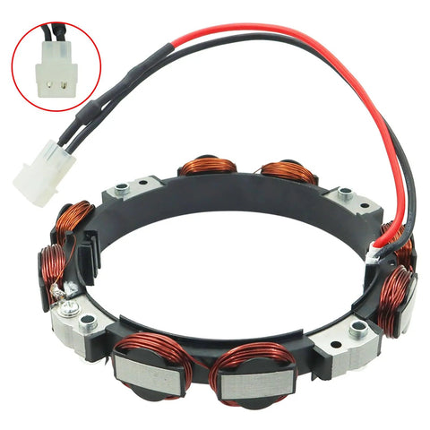 Straight Swap Alternator Stator Dual Circuit With Built In Voltage Regulator And Spark Plug Compatible With Briggs And Stratton Mowers 10 16 Amp Heavy Duty Bolt On Setup showing the stator with wiring and connectors.
