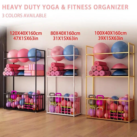 No Sweat Heavy Duty Metal Yoga Mat Storage Rack And Commercial Floor Standing Gym Organizer Shelf displaying various colors and sizes of gym equipment.
