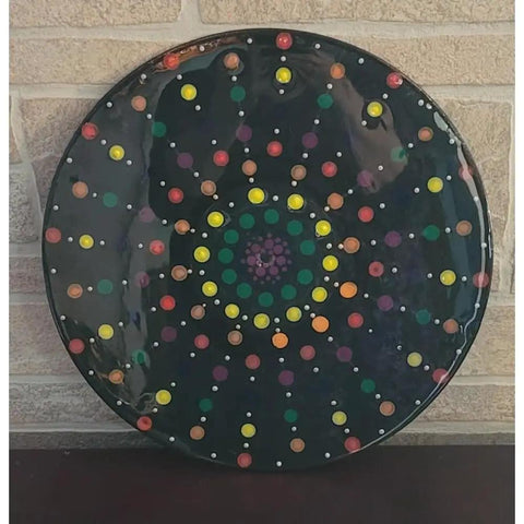 Mandala Dot Design 12 Inch Lazy Susan Turntable With Resin Finish Bright Multicolored Dots On Wooden Rim Artsy Cool Kitchen Organizer