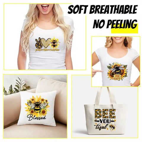 Six Pack Bee Sunflower Iron On Transfers Dope DTF Paper Decals For T Shirts Hoodies Jackets Positive Text Washable