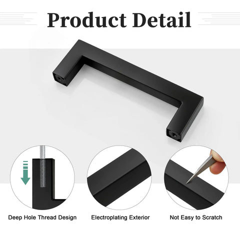 Close-up of Six Pack Matte Black Stainless Steel Square Cabinet Pull with 3-3/4 Inch Hole Centers, modern design details
