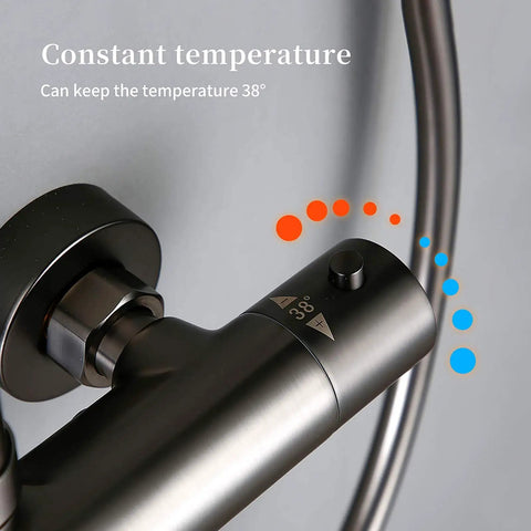 Close-up of wall mounted thermostatic shower temperature control, features gray brass finish, maintains 38° for ideal bathing.