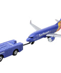 Airport Playset With Die Cast Airplane Cars And Plastic Terminal Pieces For Kid Friendly Fun Ages 3 Plus, toy plane with blue tow truck.