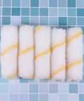 20-Piece Mini Paint Roller Covers Kit Delivers Rock Solid Performance On Drywall Mud And Concrete Surfaces While Your Brush Stays Slick With Zero Drips This Reusable Washable Set Gives You That Pro Smoother Than Silk Finish Every Single Project Run, showing 5 soft mini roller covers with yellow stripes.