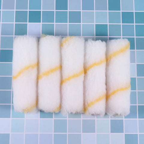 20-Piece Mini Paint Roller Covers Kit Delivers Rock Solid Performance On Drywall Mud And Concrete Surfaces While Your Brush Stays Slick With Zero Drips This Reusable Washable Set Gives You That Pro Smoother Than Silk Finish Every Single Project Run, showing 5 soft mini roller covers with yellow stripes.