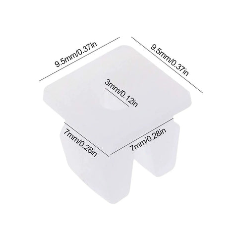 Twenty Pack White Plastic Vehicle Screw Grommets Expandable Insert Nuts Heavy Duty Mounting Clips For Car Boat Truck Slick Easy Install Top Shelf Hella Durable Hardware Universal Fits 7X7MM Hole Ride Ready Gear Up showing dimensions of a single clip.