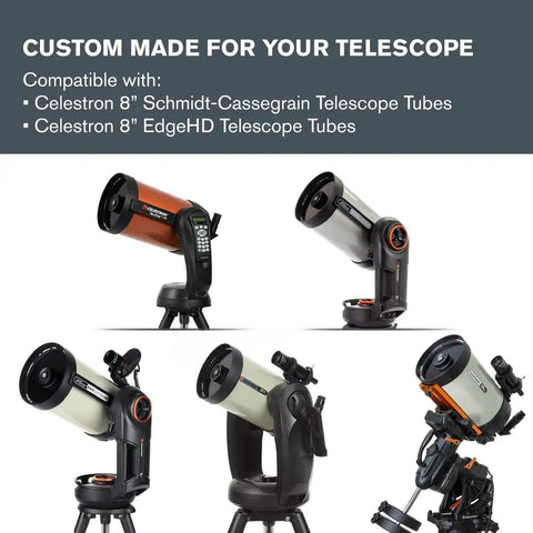 Various 8-inch Schmidt-Cassegrain and EdgeHD telescopes showcasing compatibility with Solar Eclipse Telescope Filter ISO 12312-2 Compliant.
