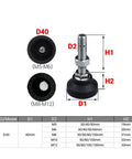 Eight Piece Adjustable Furniture Leveling Feet With Swivel Articulating Legs And Rigid Antislip Cushion Bottoms For No Sweat Setup And Dead Set Stable Room Arrangements - 40mm diameter, black, detailed measurements
