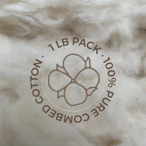 Raw Natural Cotton Stuffing 1 Lb For Pillow Filling And Crafts, Premium Combed Cotton Fiber Fill background with text overlay