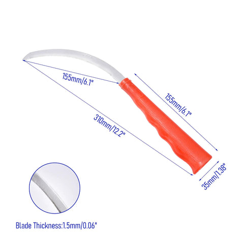 Stainless Steel Beast Billhook Sickle For Brush Clearing And Weeding, 12.2 Inch Curved Sawtooth Blade Garden Tool with dimensions