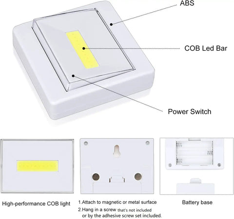 Super Bright Battery Operated Closet Light 200 Lumen COB LED Tap Lights Stick Anywhere showing parts and features
