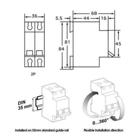 Diagrams and installation instructions for 2-Pole 250V DC Miniature Circuit Breaker For Solar Systems, Din Rail Mount, Quick-Trip DC Breaker, C65H-DC, 32A, Protect Your Low Voltage Solar Grid From Overloads And Short Circuits.