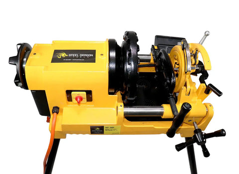Steel Dragon Tools 300 Compact Pipe Threader Machine With Self Opening Die Head And Two Dies side view showcasing features and controls.