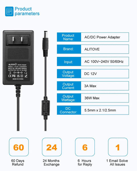 12V DC Power Supply 3A Universal AC Adapter 100-240V Input 50-60Hz To 12V Output Power Brick For LED Strip Lights CCTV Cameras PC Monitors And More With 5.5mm x 2.5mm Or 2.1mm DC Connector. Product parameters chart with black AC/DC adapter and plug