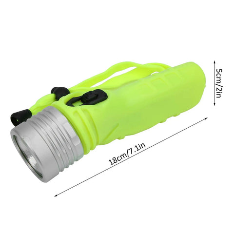 Beefy 4 AA Battery Diving Flashlight With LED Underwater Light, 18cm, aluminum alloy body, shown in bright yellow with measurements.