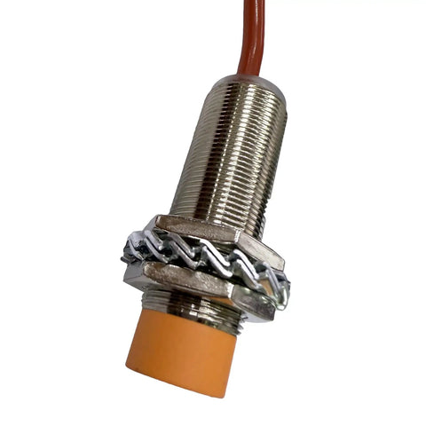Built Tough M18 High Temperature Inductive Proximity Sensor with metal body, IP67 waterproof, 8mm detection range, PTFE probe visible.